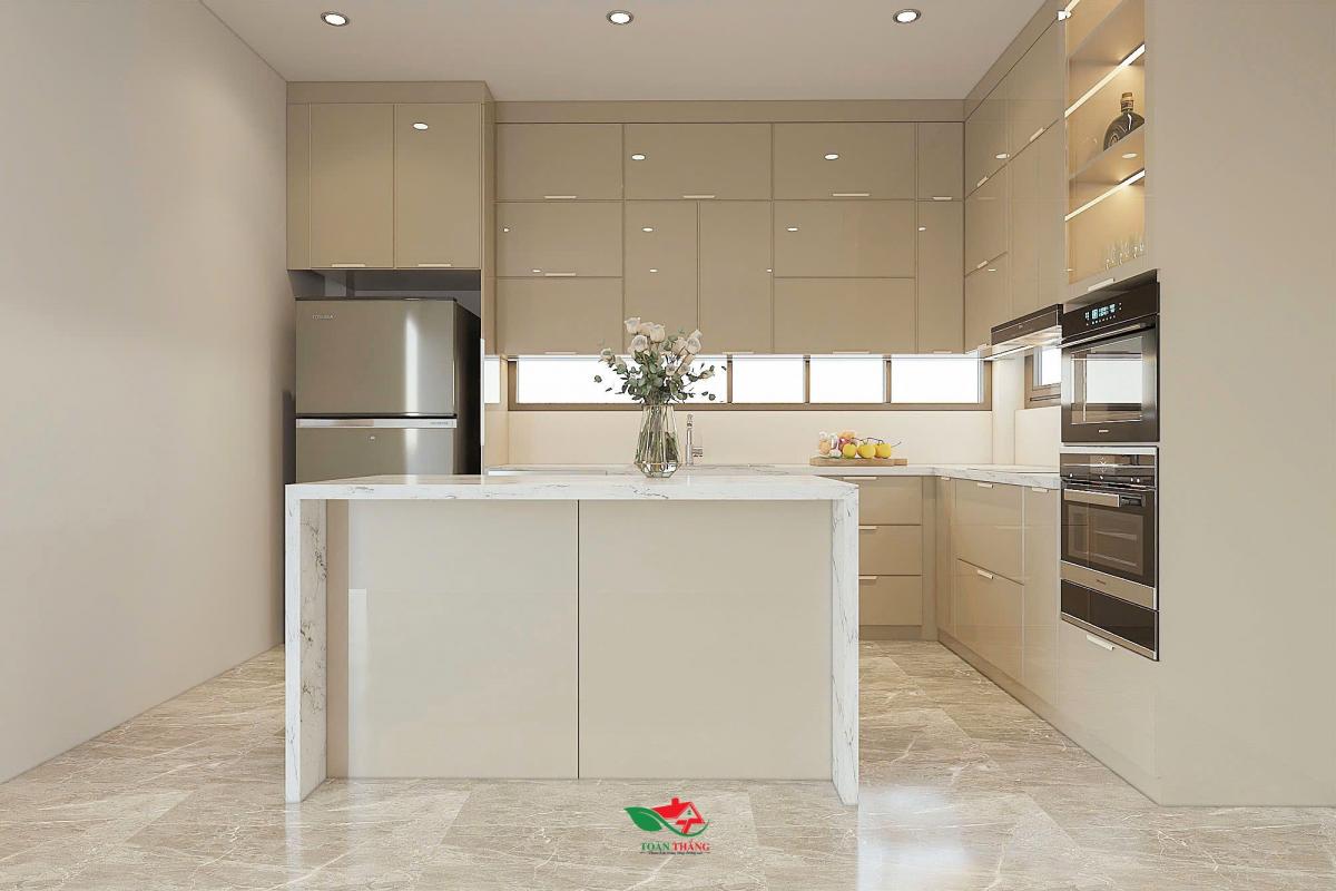 tủ bếp inox cánh kính chữ L