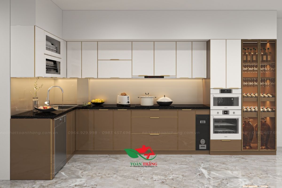 mẫu tủ bếp inox cánh kính