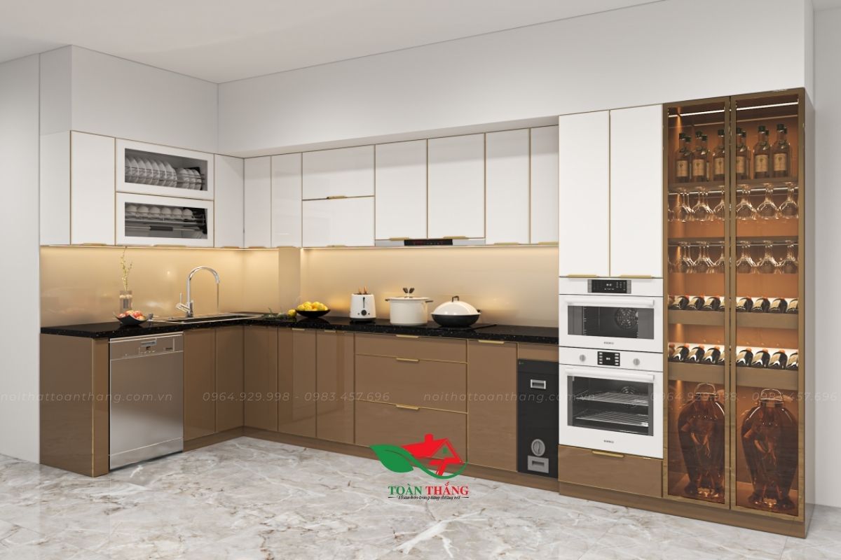 mẫu tủ bếp inox cánh kính
