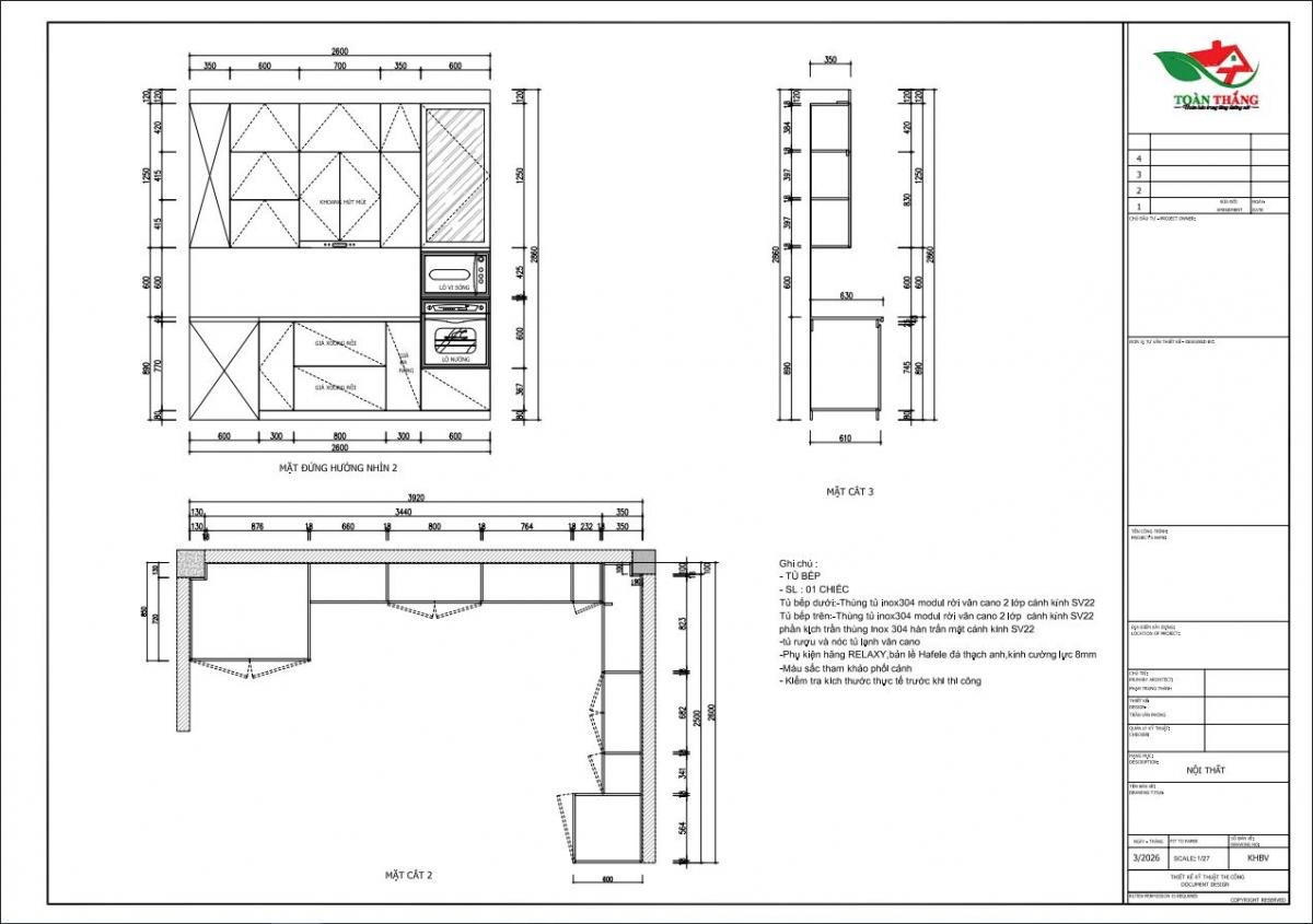 tủ bếp inox cánh kính chữ L