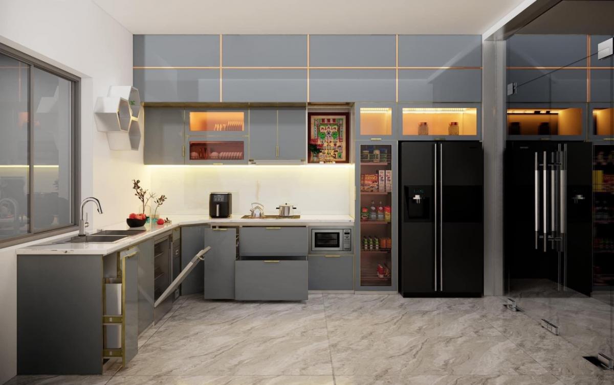 tủ bếp inox cánh kính chữ L tủ bếp inox cánh kính chữ L