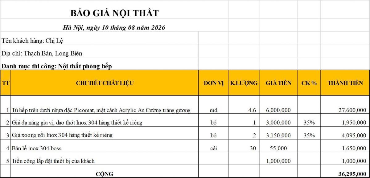 báo giá tủ bếp chị lệ