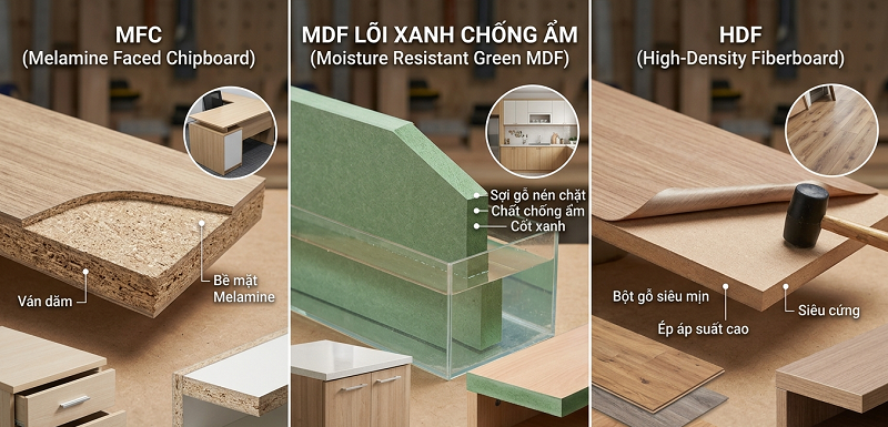 MDF lõi xanh chống ẩm, HDF và MFC.