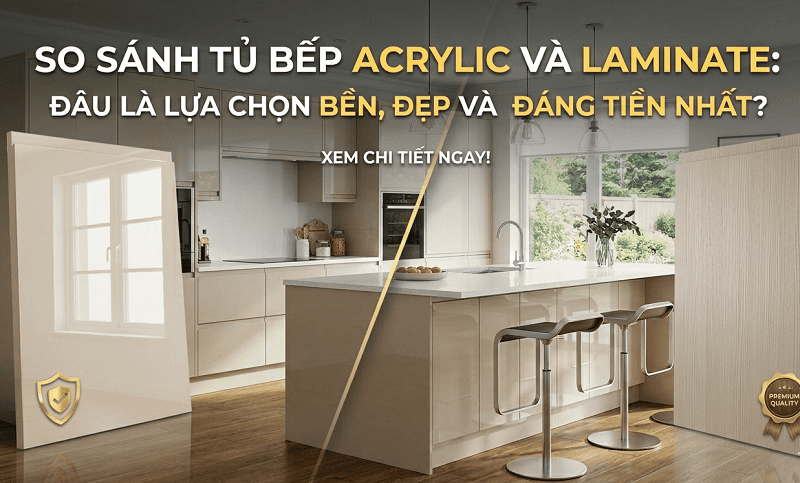tủ bếp acrylic và laminate