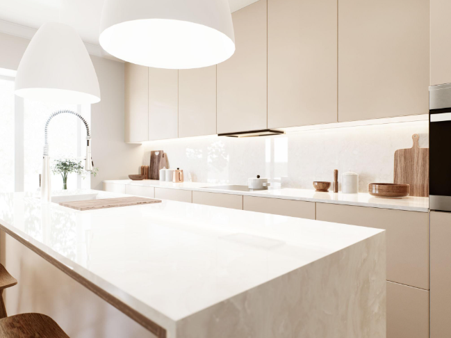 tủ bếp acrylic màu be 