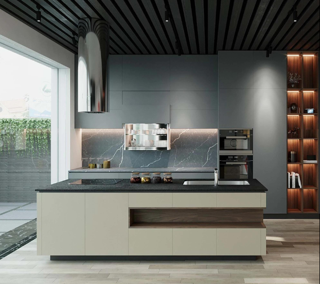 tủ bếp acrylic màu be