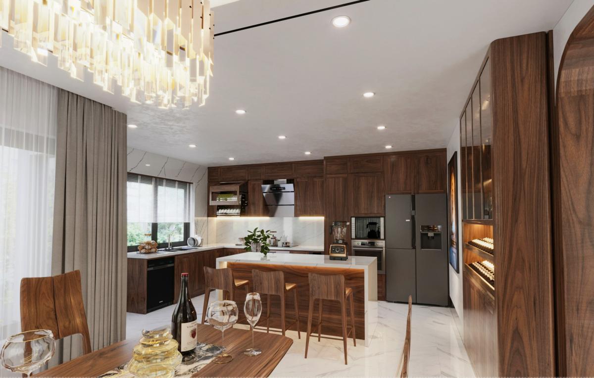 Tủ bếp chữ L màu nâu tiện dụng