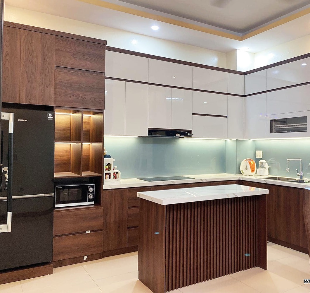 tủ bếp acrylic vân gỗ