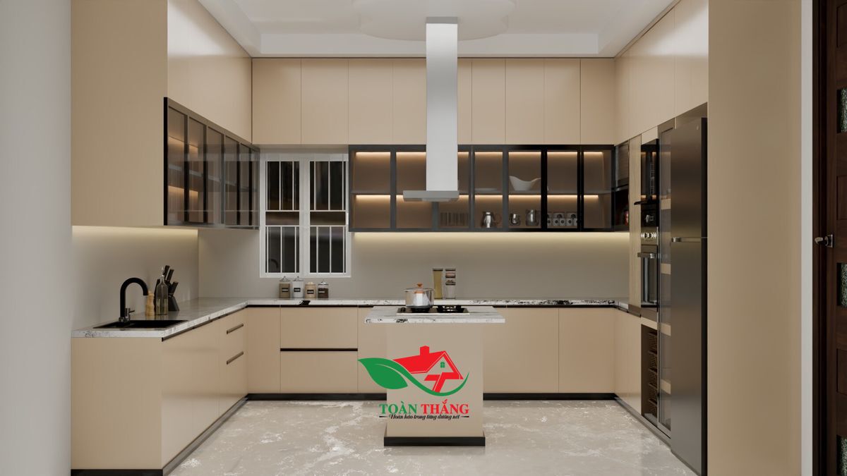 tủ bếp acrylic màu be