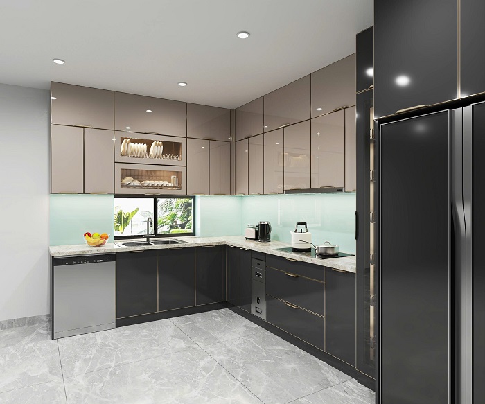 tủ bếp inox cánh kính chữ L tủ bếp inox cánh kính chữ L